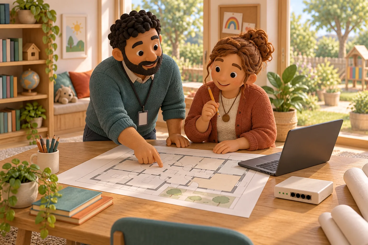 An IT consultant and the home's director plan infrastructure using a floor plan and laptop
