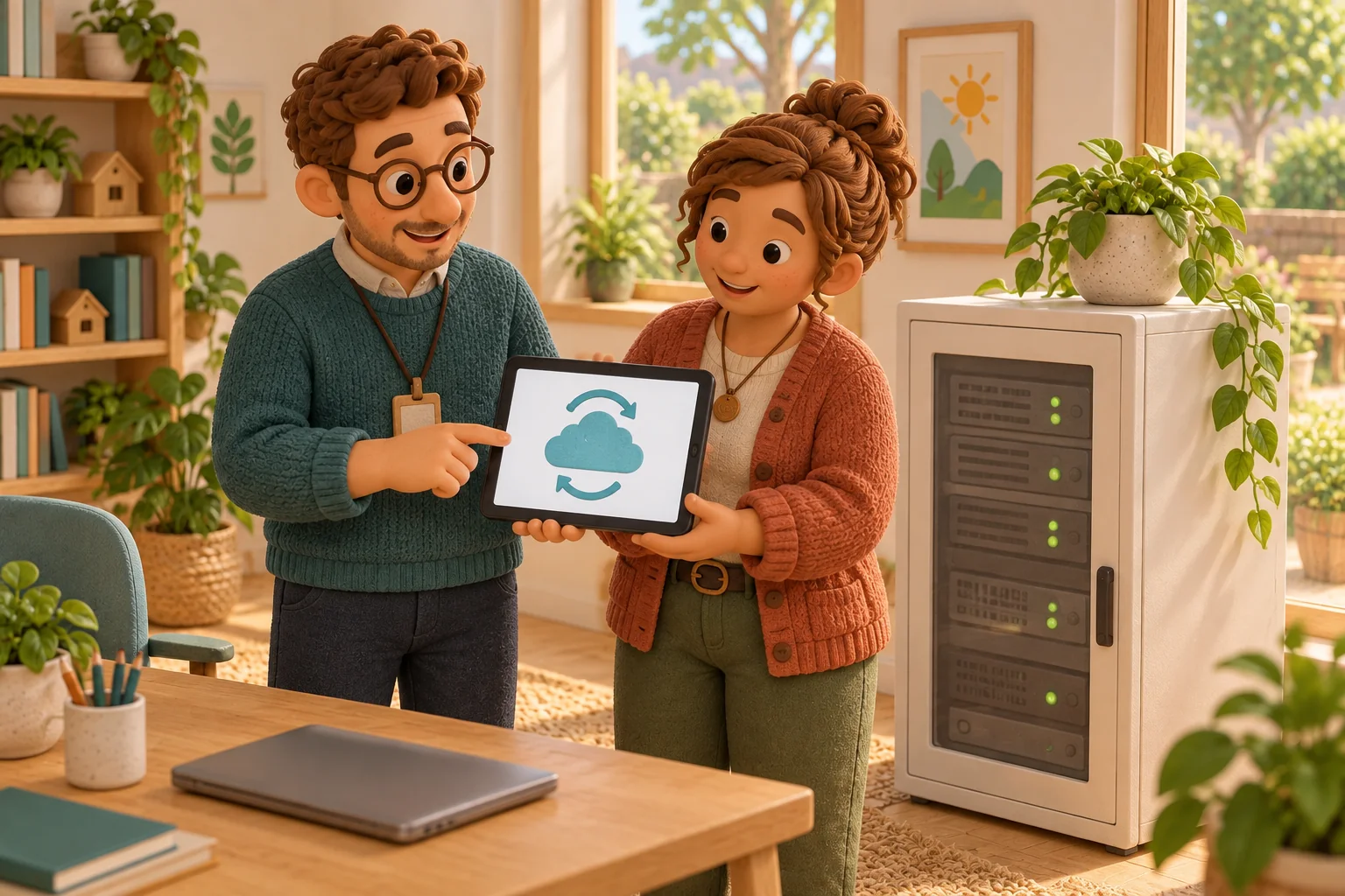 An IT specialist explains cloud services and backup to a carer beside a server cabinet