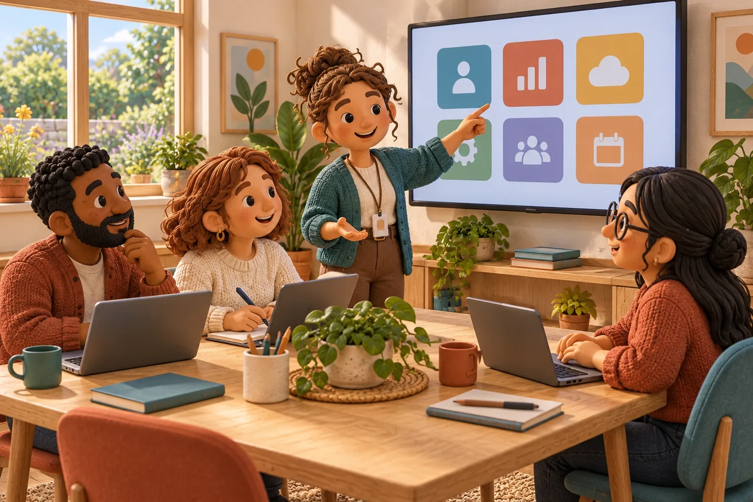 Ein Trainer zeigt erwachsenen Mitarbeitenden digitale Anwendungen bei einer gemeinsamen Schulung