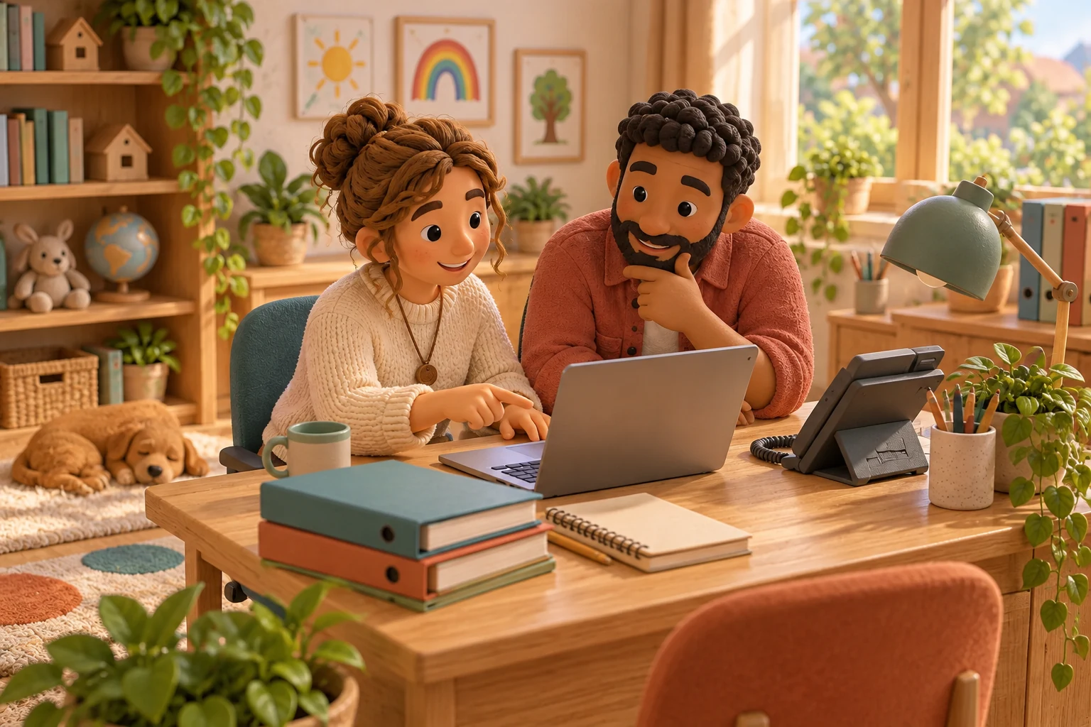 Zwei freundliche 3D-Figuren arbeiten gemeinsam mit Laptop und Telefon im Heimalltag